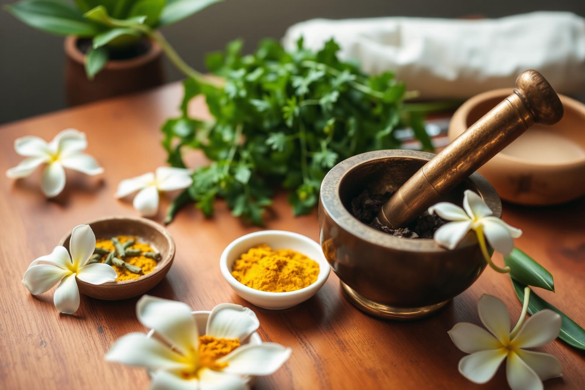 Ayurvedic herbs, brass mortar and frangipani